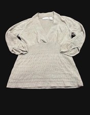 DKNY Jeans Sweater Medium Taupe Gray Cable Knit V Neck Ribbed Long Sleeve M