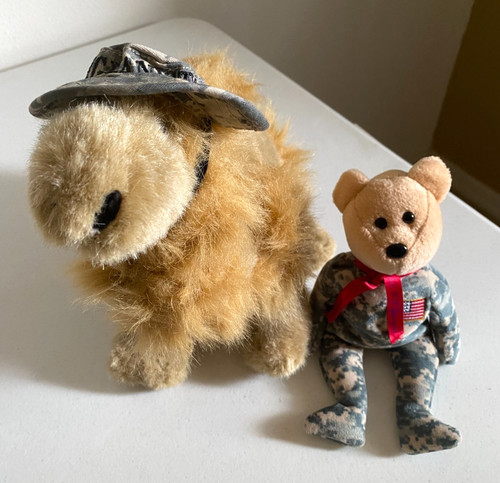 Ty Beanie Salute Bear Military Camo USA Flag Plush w/ Tag, Camel Afghanistan hat