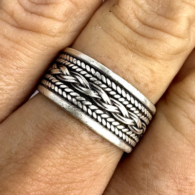 Vintage CW Sterling Silver 925 Oxidized Braided Rope Wide Band Ring Size 7.5
