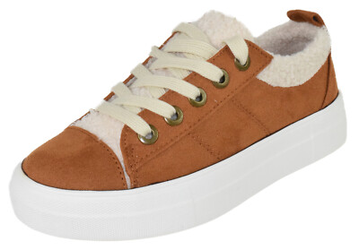 Soda Flat Women Shoes Lace Up Loafers Sneakers Fur Flatform Brown Tan ENDEAR-G