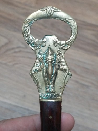 Vintage Mid Century Thailand Wood & Brass Elephant Bottle & Can Opener 5" - Picture 3 of 4