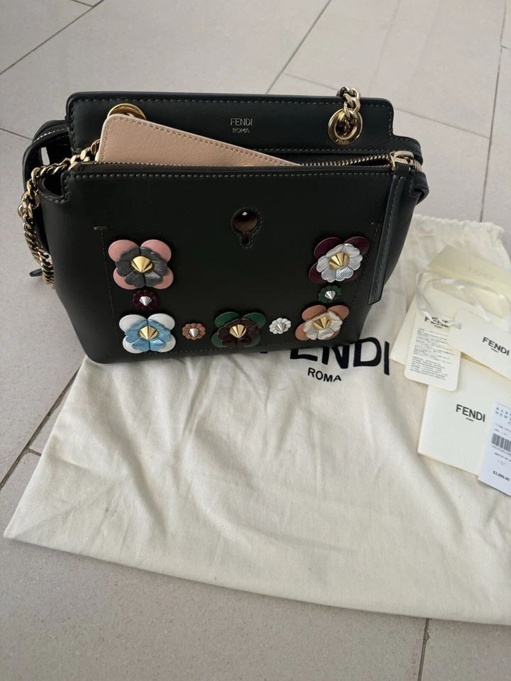 Fendi Green Studded Floral Small Dotcom Chain Shoulder Crossbody Handbag $3000 - Image 2 of 4