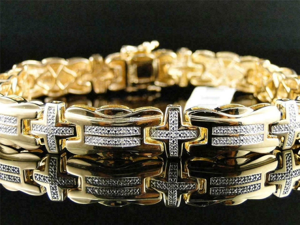 Brazalete Cruz Diamante Natural Para Hombre Thich 8" Acabado Rodio Amarillo Plata 925 Foto 2 de 4