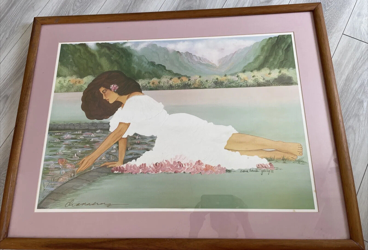 ハワイ　絵画　インテリア　アンティーク　Diana Hansen young Diana Hansen-Young 1989 Hawaiian Lady Lithograph SIGNED Art