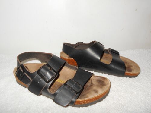 BIRKENSTOCK MILANO WOMENS USA 7 BLACK LEATHER STRAPPY SANDALS K1 - Imagen 3 de 6