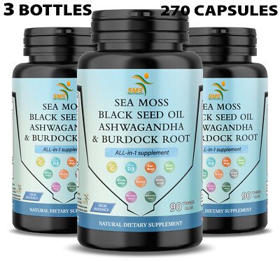 Sea Moss 270 Caps (Black Seed Oil, Turmeric, Ashwagandha, Burdock, Vitamin D)