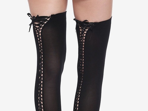 SEXY GOTHIC PUNK LACE UP CORSET BACK BLACK OPAQUE THIGH HI STOCKINGS