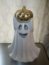 Ceramic Ghost with Gold Tone Pumpkin on Head Light Up Halloween 14.5" Tall