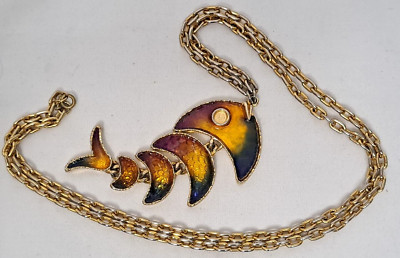 Vintage 70's Enamel Koi Fish Fashion Bijoux Sectional Gold Tone Necklace 30''