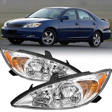 Headlights Assembly For 2002 2003 2004 Toyota Camry Chrome Amber Headlamps L+R