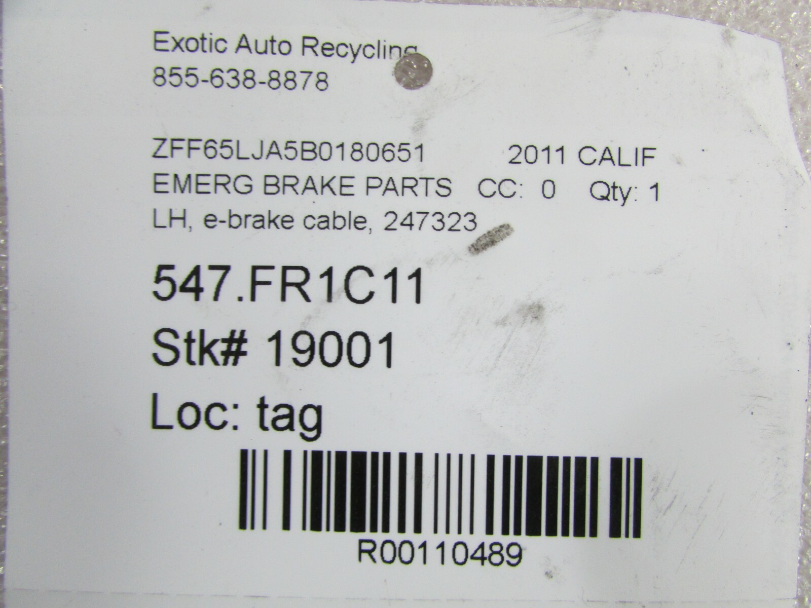 Ferrari California, LH Left E-Brake Cable, Used, P/N 247323