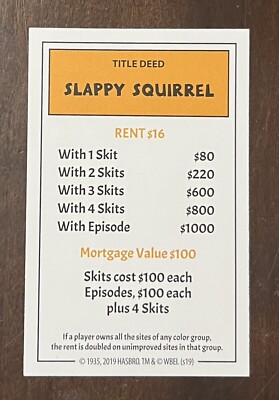 Monopoly Animaniacs 2019 Game Parts Replacement Title Deed Card SLAPPY SQUIRREL