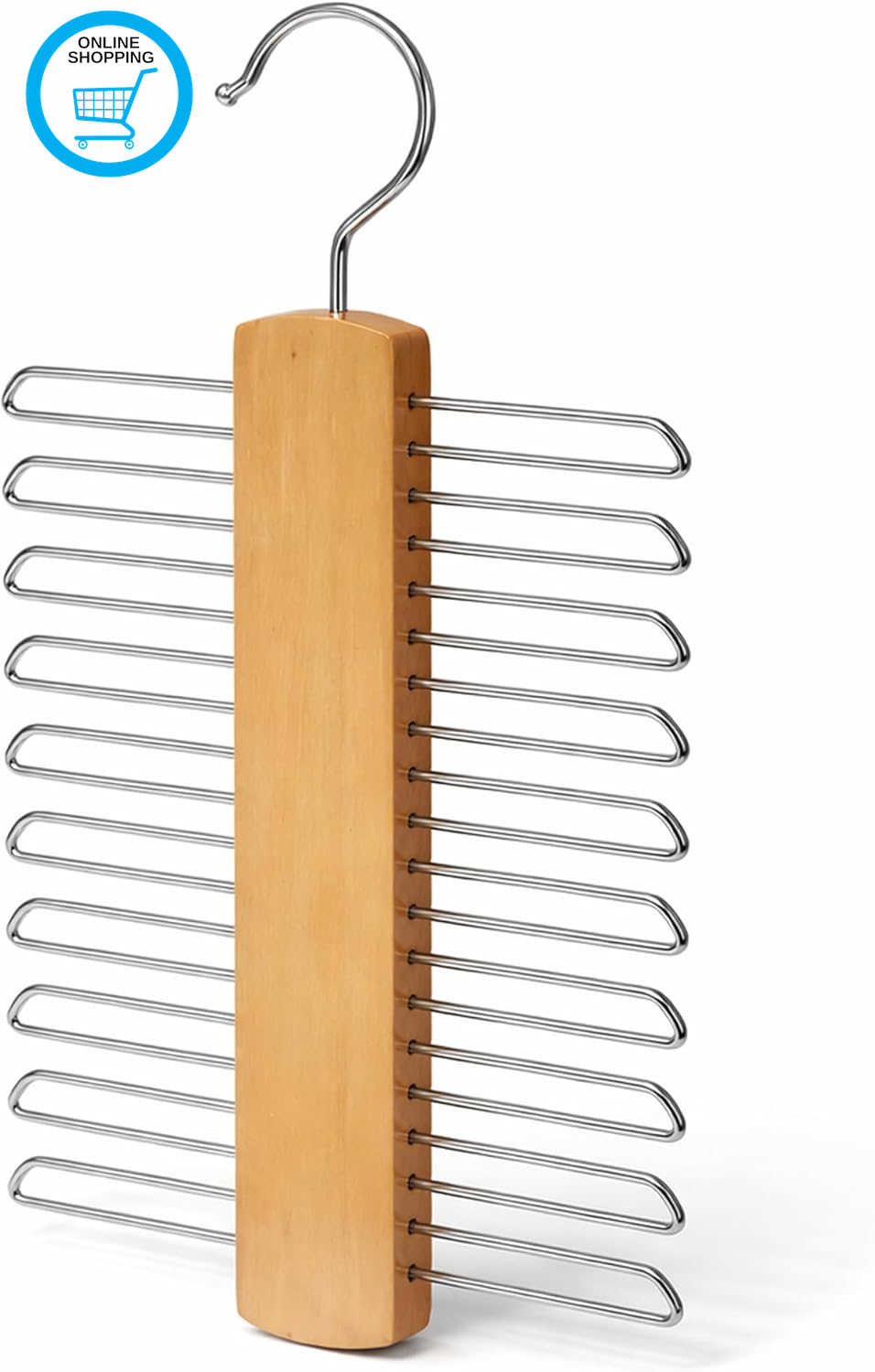 Premium Wooden Tie Hanger for Wardrobe, 360° Swivel Hook, 20 Non-Slip Chrome Bar