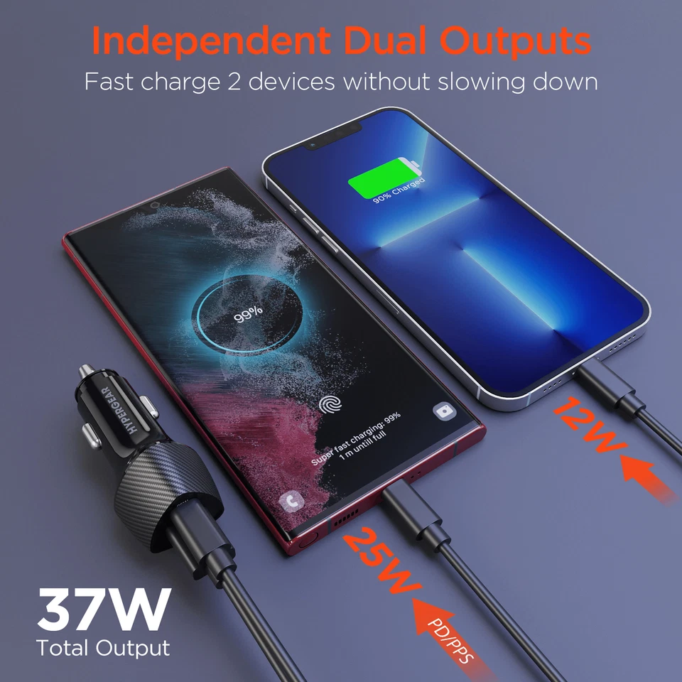 Зарядное устройство автомобильное быстрое HyperGear SpeedBoost 25 Вт USB-C PD + 12 Вт USB с PPS и светодиодами - Изображение 3 из 4