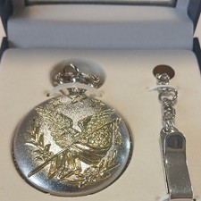 Silver Tone Eagle Full Hunter Pocket Watch Quartz Arabic Dial w Chain  Box