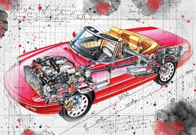 Line Tech Zeichnung Alfa Romeo Spider 2 Auto Car Classic Cutaway Kunst Poster Druck