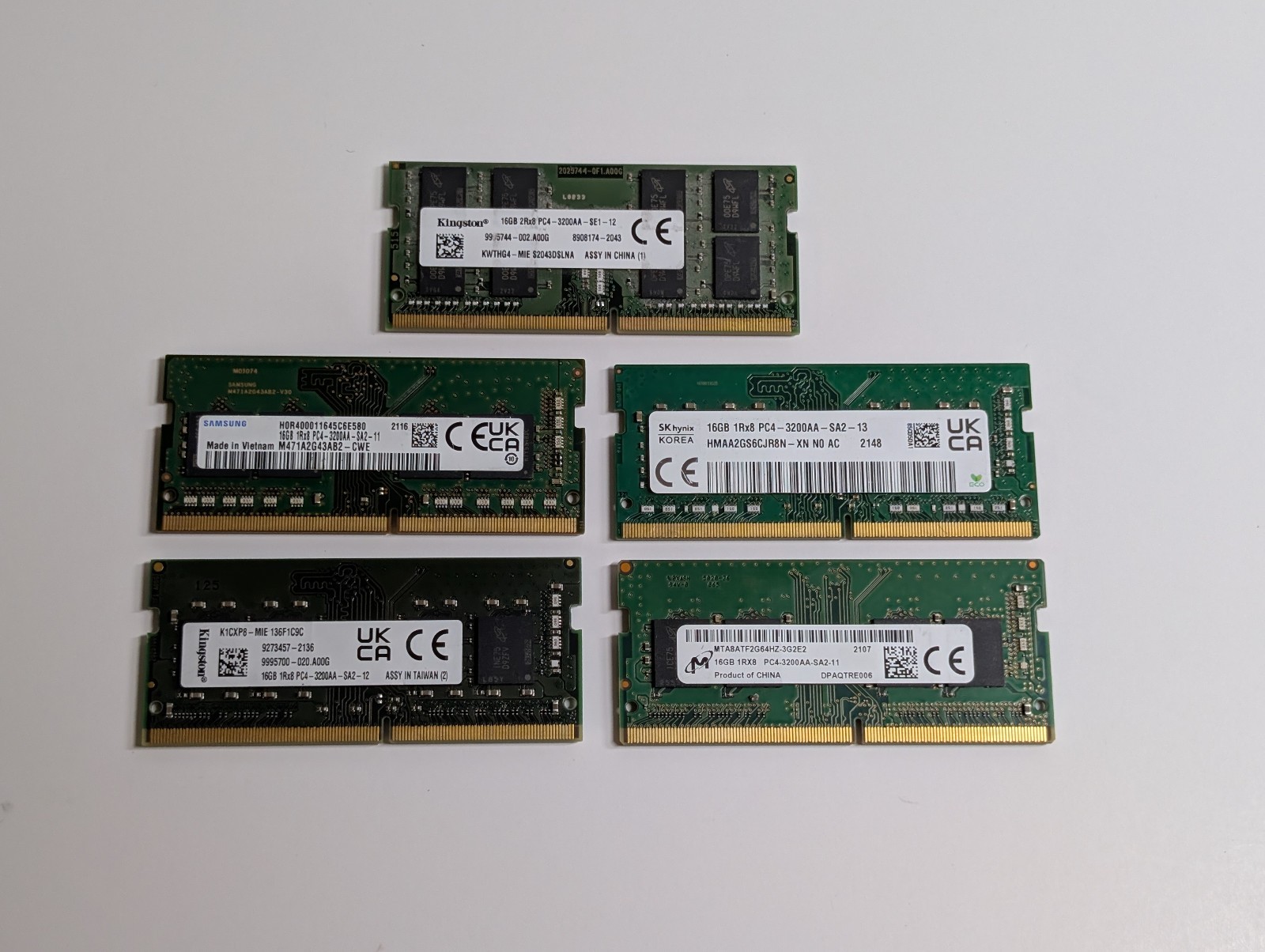 Lot of 5 Mixed PC4-3200AA DDR4 Laptop RAM Samsung Hynix Micron Kingston
