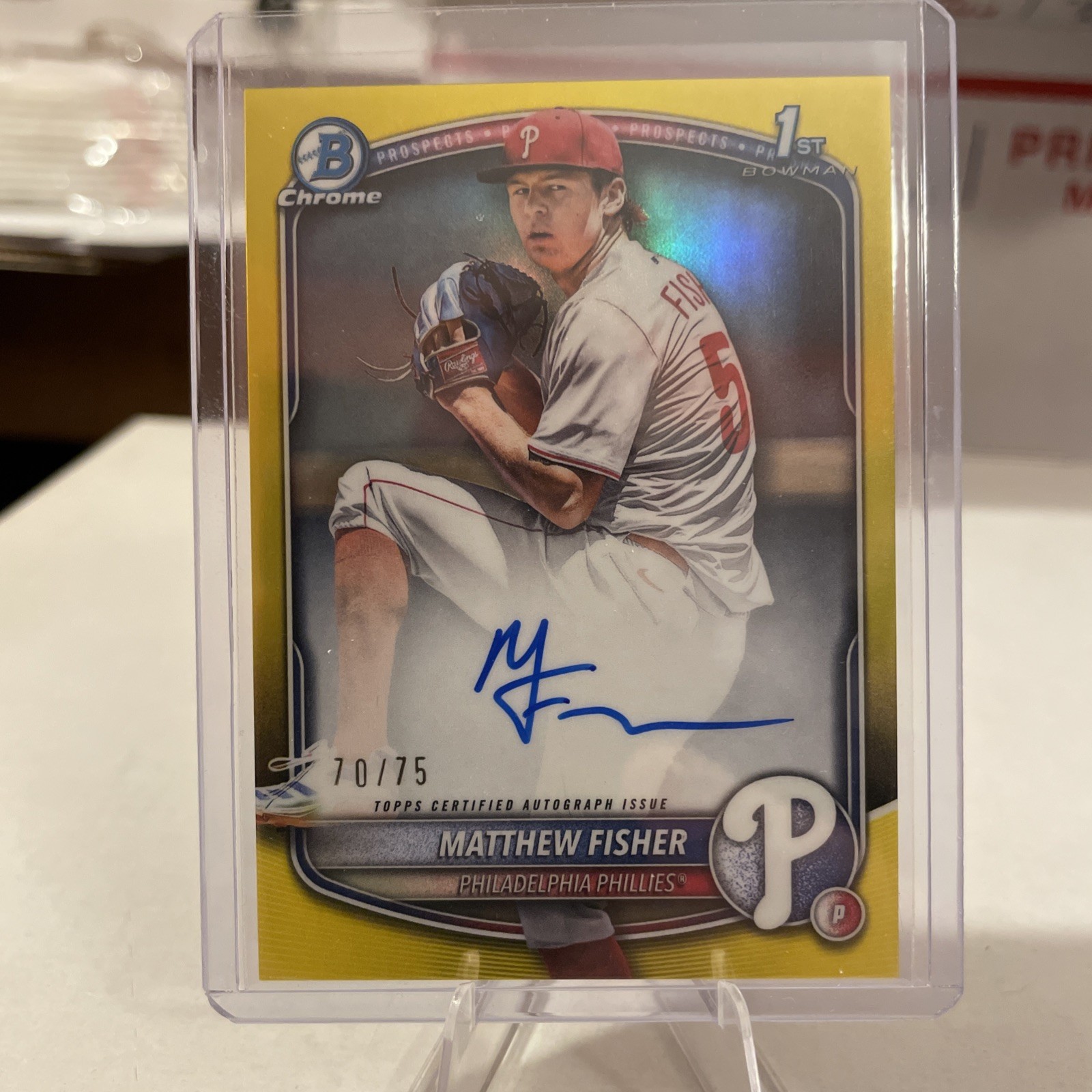 2025 Bowman Draft Chrome Matthew Fisher True Yellow Auto /75 Phillies 1st