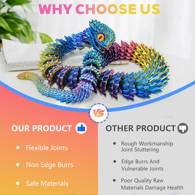 47.5 Inch Extra Large 3D Printed Snake Model, Viper Snake with Movable Teeth,...