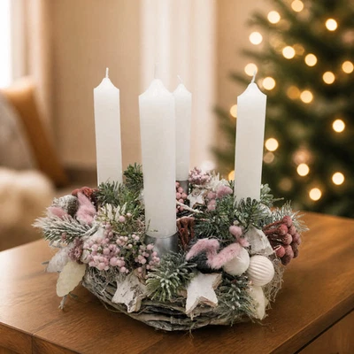 Adventskranz Kerzen Kugel Stern Zapfen Beeren rosa weiß - Bild 1 von 4
