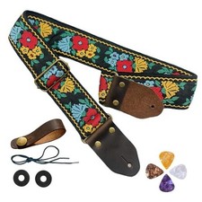 Guitar Strap,Cotton Guitar Straps with Crazy Horse Leather Ends,Strap Flower