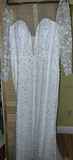 White Illusion Neck Long Sleeve Tulle Column Wedding Dress w/ Sequin Beading