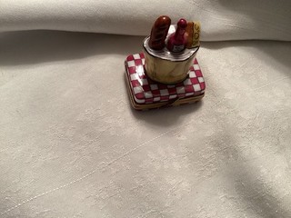 Rare Limoges Trinket Box With Wine cheese And Bread On Butcher Block