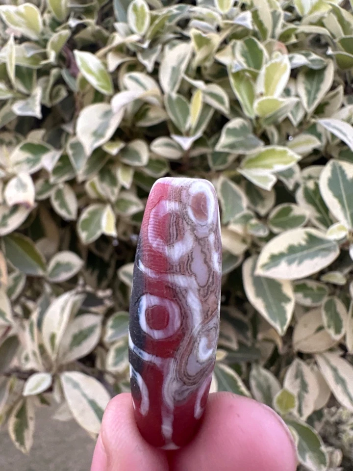 Antiguo abalorio Dzi de ágata tibetana roja de 9 ojos - riqueza, protección, buena fortuna Foto 2 de 4