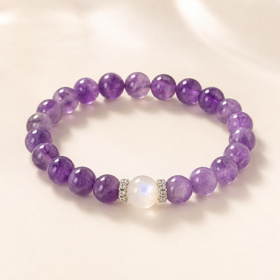 Natural Amethyst Moonstone Bracelet 8mm Healing Energy Crystal Jewelry