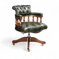 Vintage Green Leather Chesterfield Captains Chair Swivel Office Desk Chair