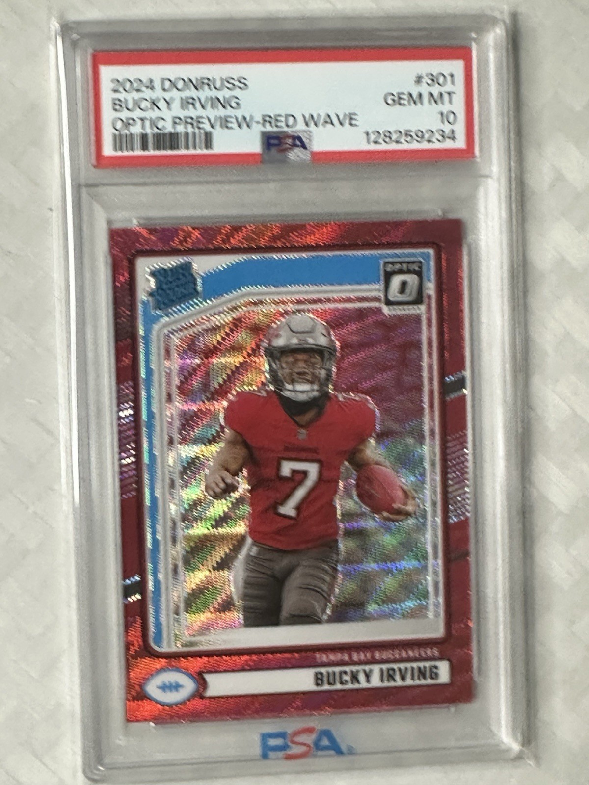 PSA  10 - 2024 Donruss - Rated Rookie Bucky Irving #301 Optic Preview Red Wave