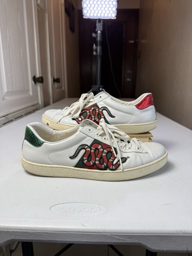 Mens Gucci Ace Embroidered Low Top Sneaker White Leather Snake Size 8 Used