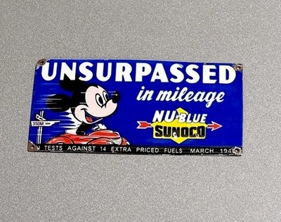 VINTAGE 12  1940 SUNOCO DISNEY MICKEY PORCELAIN SIGN CAR GAS OIL MOTORCYCLE