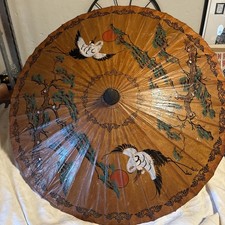 Vtg Hand Painted Japanese Chinese Bamboo Rice Paper Wood Umbrella Parasol 34  