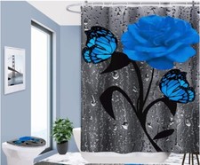 Bathroom Curtain set/ Blue Rose Rug,Mat,Curtain set