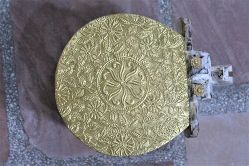 Small Rustic Wooden Elephant Stool with Brass Accents Handmade Home Decor - Picture 5 of 7