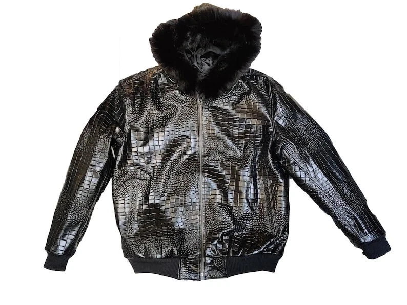 Men's Black Crocodile Embossed Genuine Leather Fur Hoodie Bomber Jacket
