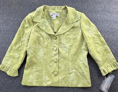 Jessica Howard Blazer Women 12 Lime Green Texture Jacket Button Ruffle New
