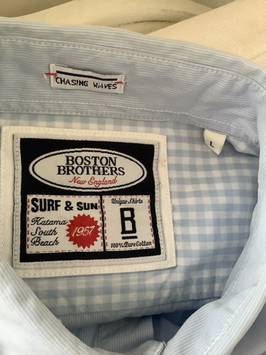 BOSTON BROTHERS New England Blue White Stripe Shirt Size L Chasing Waves Surf - Picture 12 of 12