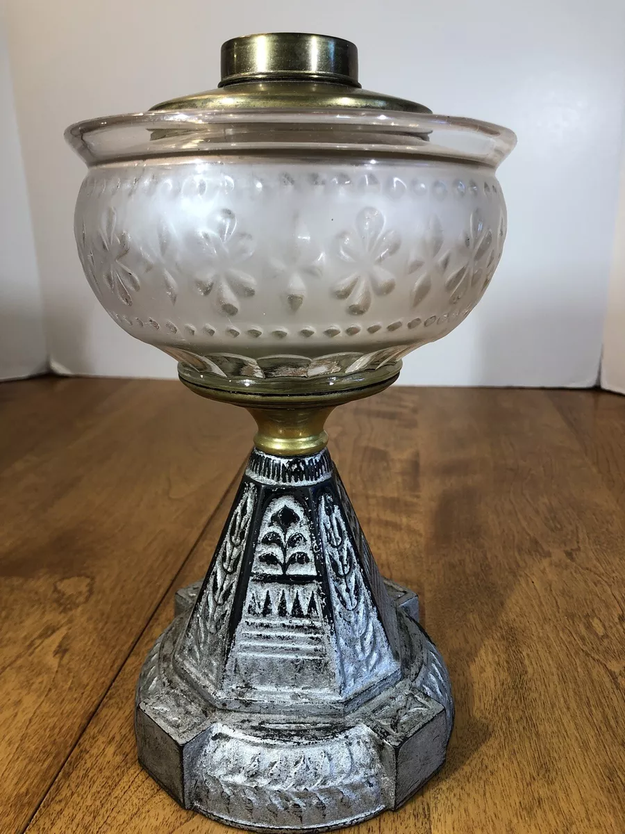 Rare Old Antique 1800s Oil Kerosene Lamp Cast Iron Base Pyramid PAT APPL D FOR