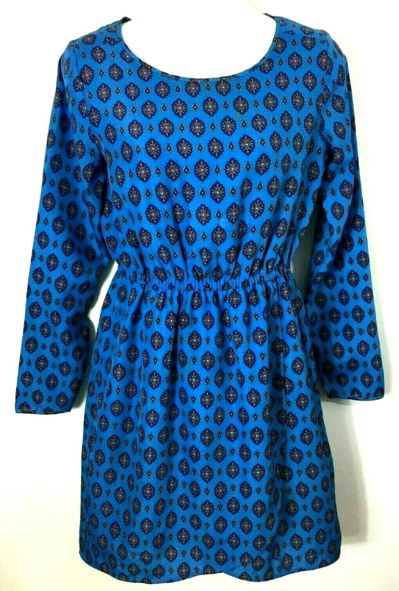 j crew blue paisley dress J.Crew Sz 0 Silky Print Stretch Waist Long Sleeve Hi Low Hem Purple paisley