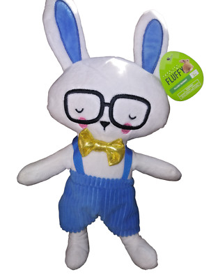 Walgreens Festive Voice FLUFFY Bunny w/Glasses Blue Pants/Gold Bow 12 Inch w/Tag
