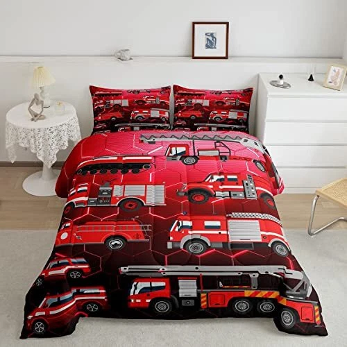 Kids Fire Truck Comforter Set Red Glowing Honeycomb Bedding Set