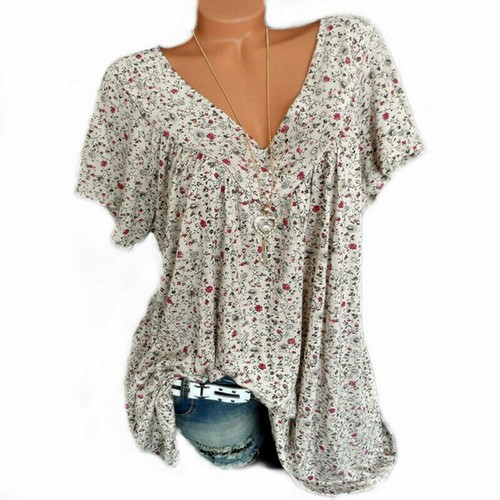 Women Plus Size Loose Blouse Holiday Boho Top Ladies Summer Short Sleeve T-shirt - Picture 5 of 20