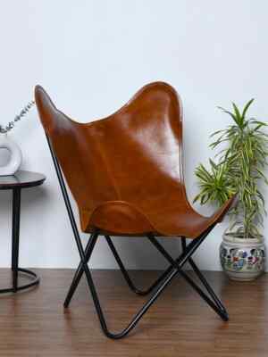 Leather Sleeper Seat Lounge Accent Butterfly Chair Handmade New With Iron Frame