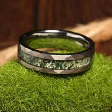 6mm Men's Hammered Silver Tungsten Wedding Band with Moss Agate Comfort Fit