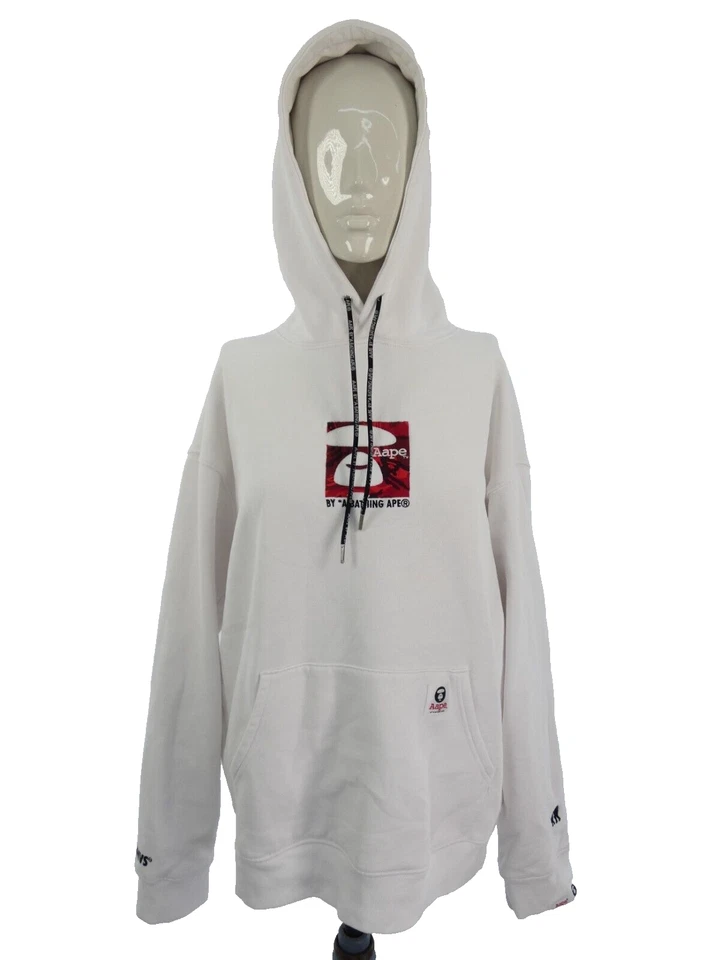 A Bathing Ape Hoodie Sweatshirt White Front Logo Print Kangaroo Pocket Size L