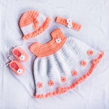 0-3 Month Baby Girl Soft Handmade Crochet Dress Kids Frock Shoes Hat Set