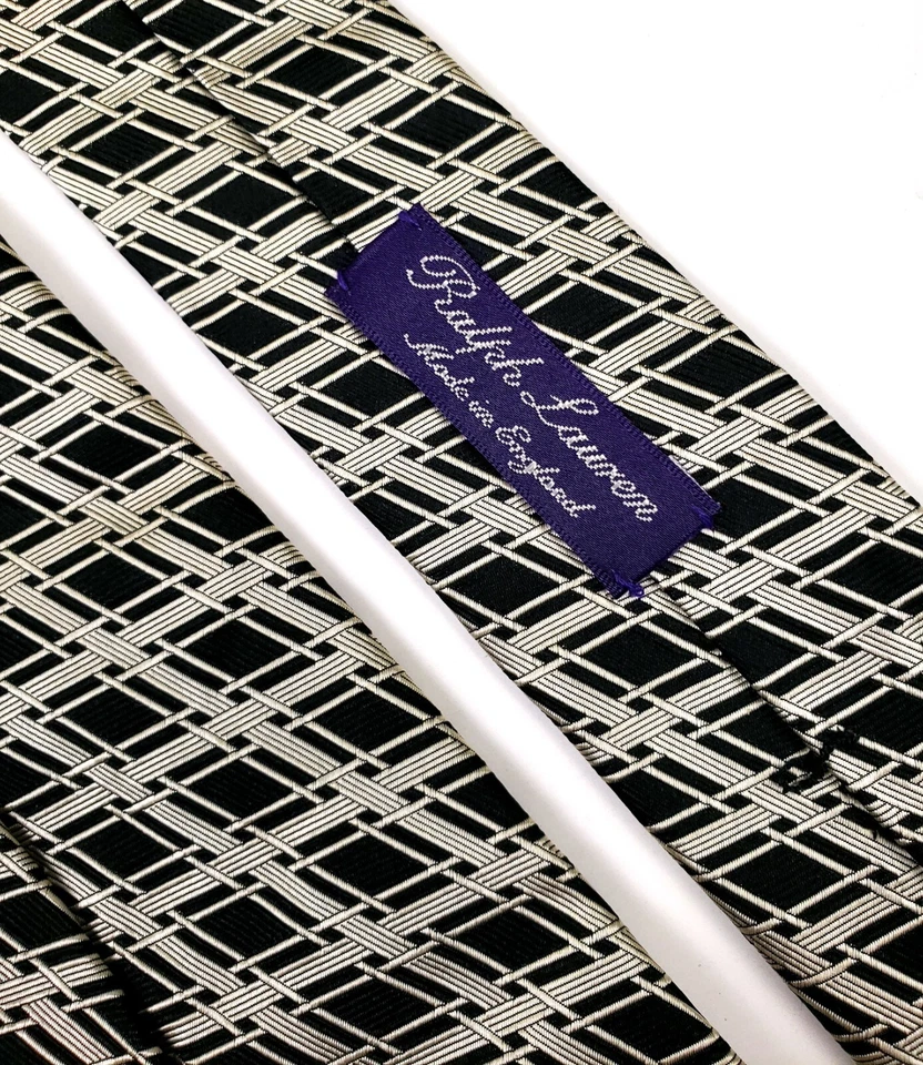 Ralph Lauren Purple Label Wide Plaid Tie 4" Silk 59L Black & Beige - Imagem 4 de 4