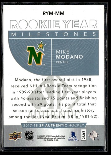 2017-18 SP Authentic Rookie Year Milestones Mike Modano #RYM-MM H4R4I - Picture 2 of 2